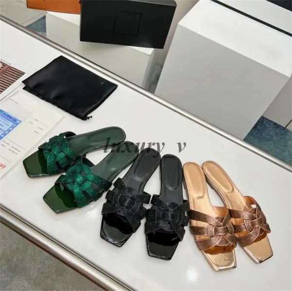 

designer women slippers tribute mules slide smooth leather cross sandals rhinestone combination flip flops chunky high heels, Black