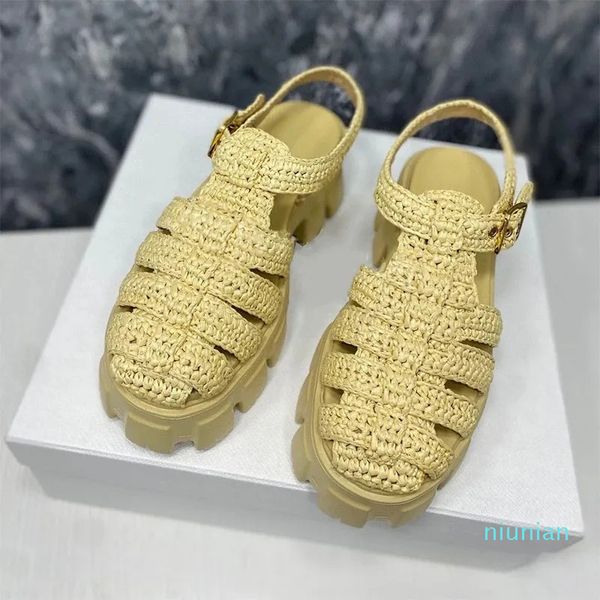 

flat thick sole braid sandals women round toe metal buckle platform sandals ladies summer seaside party vacation beach shoes, Black