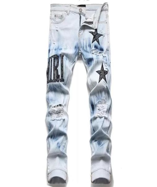 

men039s jeans european jean hombre letter star men embroidery patchwork ripped for trend brand motorcycle pant mens skinny4345179, Blue