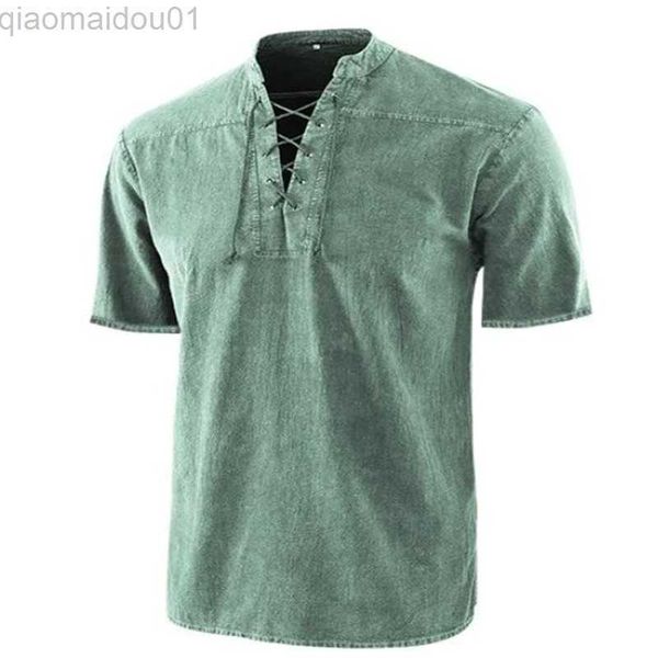 

men's t-shirts t shirt men stand collar front lace up short sleeve v neck slim t shirt streetwear for daily wear solid retro casual te, White;black