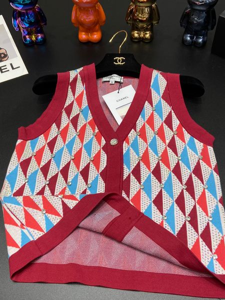

Chanel 23SS Woman knit vests classic rhinestone cardigan knits tanks high quality, Red