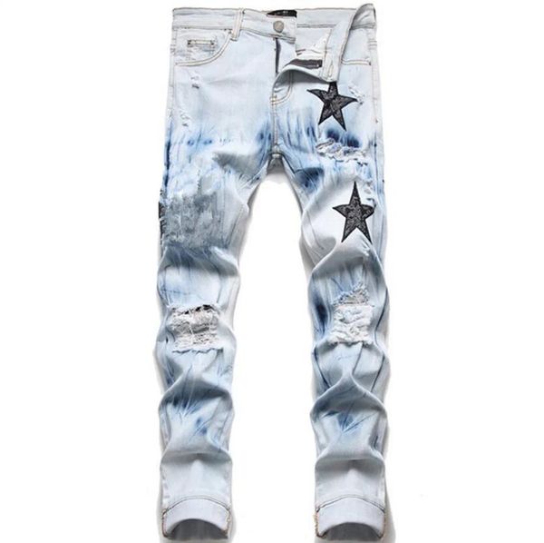 

jeans mens designer jeans for mens pants man white black rock revival jeans biker pants man pant broken hole embroidery hip hop denim pants, Blue