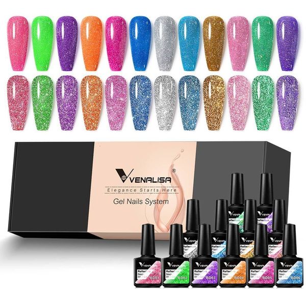 

nail polish 12pcskit venalisa reflective frash nails gel polish glitter color french nail art gel pigment soak off uv led nail art manicure