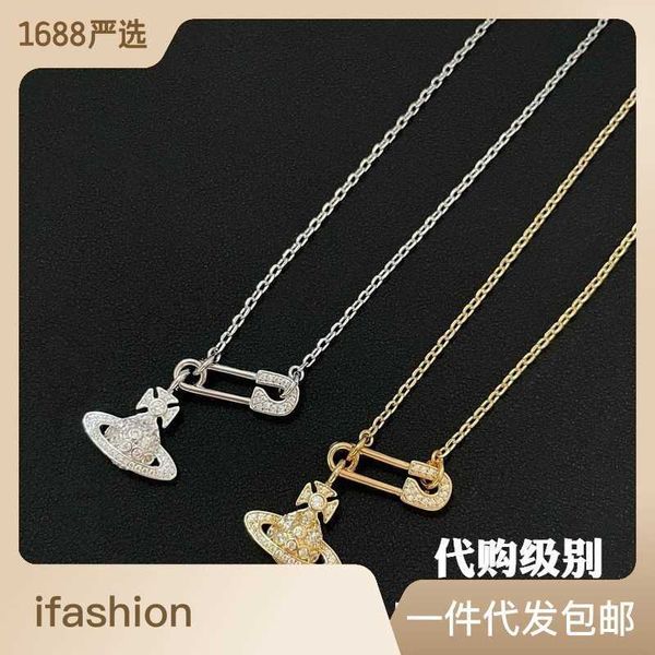 

western empress dowager brass plated gold pin inlaid diamond water wave necklace earth planet pendant collar chain, Silver