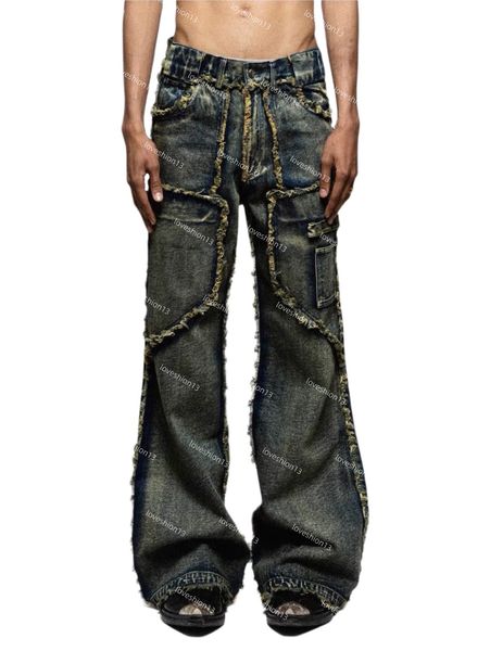 

nofaith studios jeans heavy industry wave ripple made old wash black grey micro horn denim loose pants, Blue