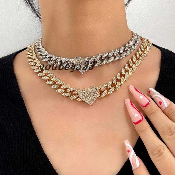 

chains flatfoosie 13mm hip hop miami curb cuban chain necklace for women iced out rhinestone link heart choker rapper jewelrychains, Silver