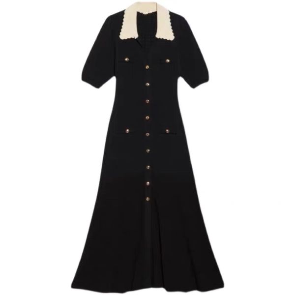 

s / andro contrast v-neck bubble sleeve single breasted short sleeve solid knit dress, Black;gray
