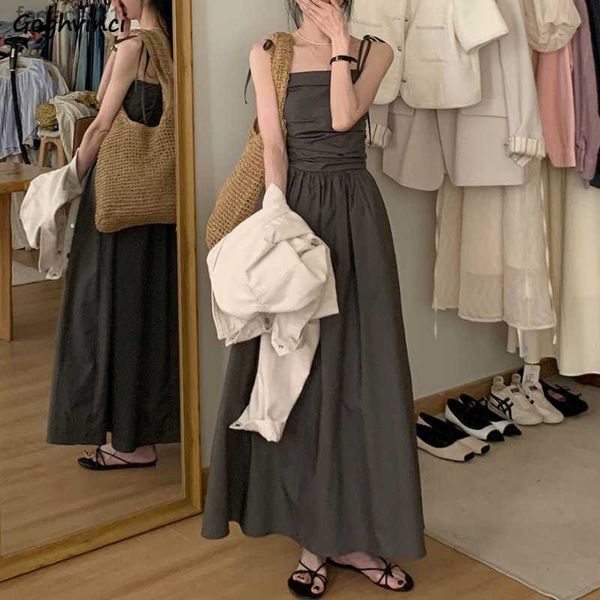 

dress women sleeveless aline holiday leisure pure chic elegant princess korean style sweet young lady anklelength vestido l230621, Black;gray