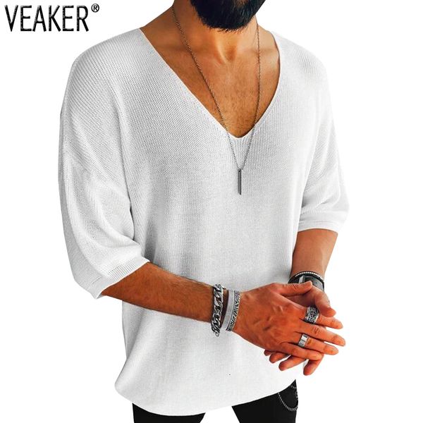 

men's t-shirts men's short sleeve knitted t shirt male summer solid color v neck loose t-shirt s-3xl 230706, White;black