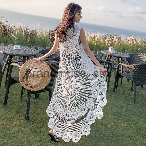 

casual dresses crochet beach dress lace women summer 2022 seaside bikini cover up oversize sleeveless hollow out front short back long j2307, Black;gray