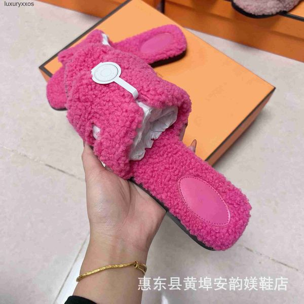

slipper designer h sandals oran hh plush female outerwear wearing shearling insole 2023 autumn winter lady lamb hair one slipper large size