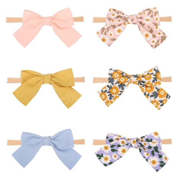 

vintage flowers pattern bows toddler hairband cute print cotton and hemp bowknot elastic headband kids hair accessories, Slivery;white