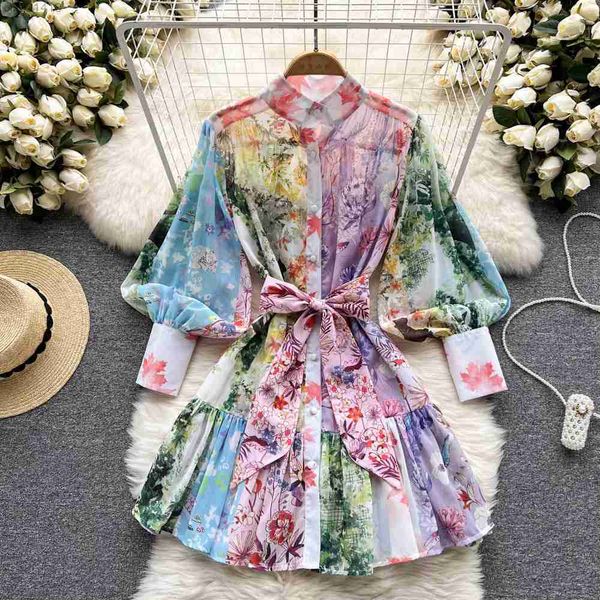 

summer runway bohemain mini dress stand collar lantern sleeve colorblock single breasted ruffles beach dress 2023 z923, Black;gray