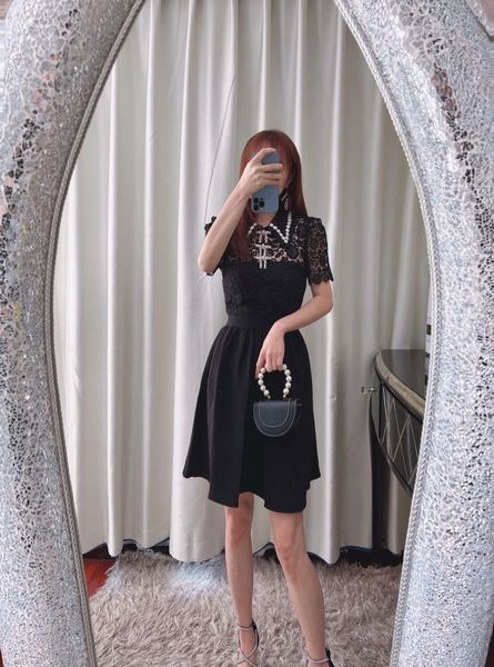 

new s-elf portrait polo collar black water soluble lace waist short dress, Black;gray