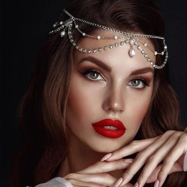 

hair chain new fashion pearl headdress temperament bridal wedding rhinestone forehead chain hair chain designer jewelry, Silver