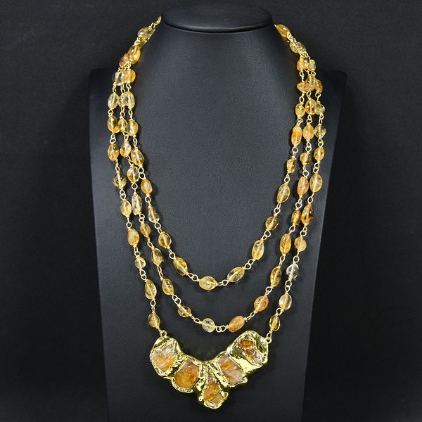 

3 strands natural yellow citrine necklace citrine rough gold plated pendant fashionable jewelry, Silver