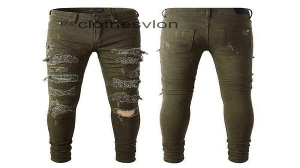 

jeans man brand amirs designer mens 851 high street jean military fashion green hole personalized patch elastic slim5011093, Blue