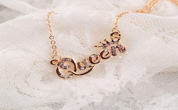 

fashion jewelry gold silver rose gold letter queen pendant shiny rhinestone clavicle chain necklace for women lady2020181