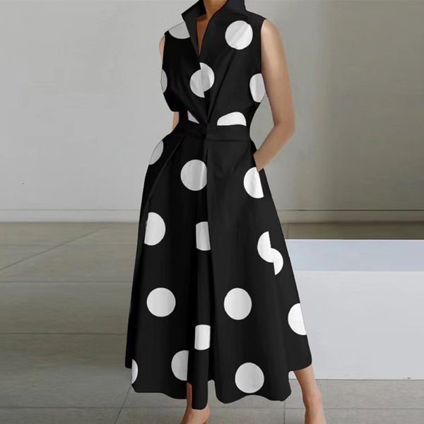 

urban dresses fashion chic dot print pattern maxi dress women commute turn-down collar pocket shirt dress elegant buttoned short sleeve dres, White;black