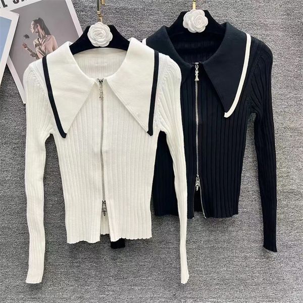 

women's sweater four seasons thin stripe fashion long sleeve high end soft embroidery jacquard cardigan knitted slim fit coat,, White;black