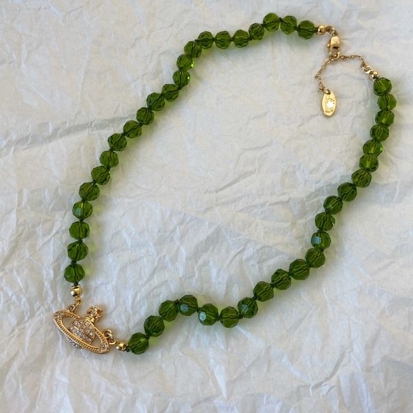 

2022 spring and summer vivian with green crystal glass beads west empress dowager necklace middle ancient clavicle chain female, Silver