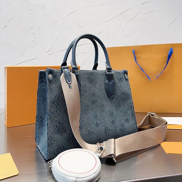 

womens designer denim onthego shopping shoulder it bags with coin purse old flower handle totes nylon adjustable strap cross body large capa
