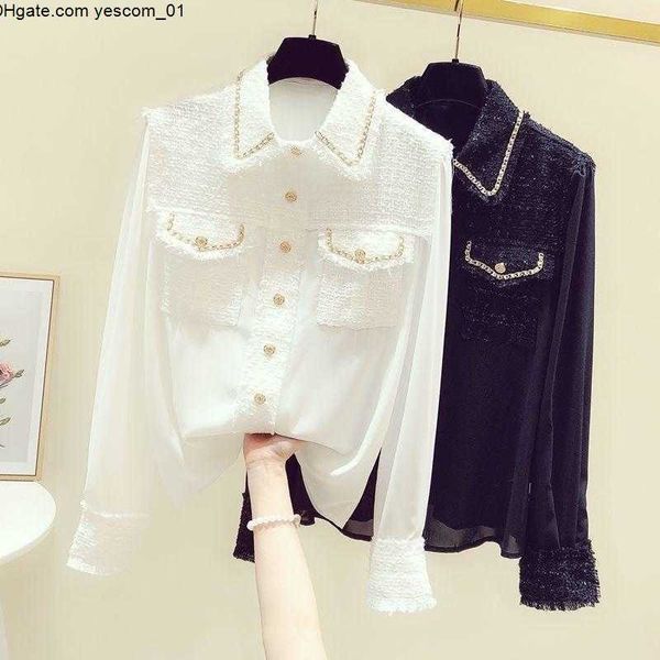 

women's blouses shirts 2021 runway designer autumn shirt fashion women tweed patchwork chiffon gold single breasted tassel weave, White