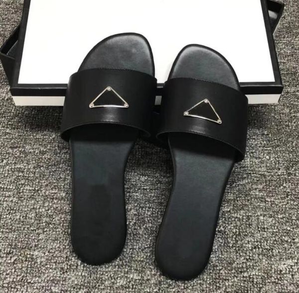 

women designers slipper sandals flat slides flops summer triangle leather outdoor loafers bath shoes beachwear slippers black white brown fa