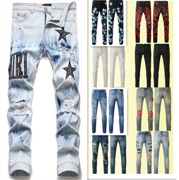 

designer jeans mens skinny jeans desig colors pants long hippop sticker embroidery straight streetwear pants wholesale 29-38 #17, Blue
