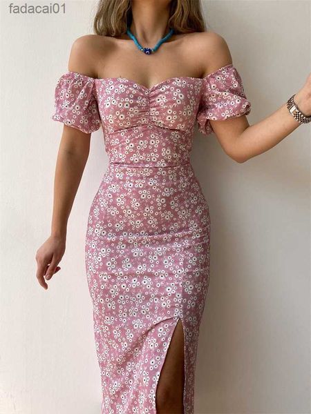 

floral print short sleeve hip wrap party dress elegant off shoulder backless dress new summer waist slit boho long dresses l230621, Black;gray