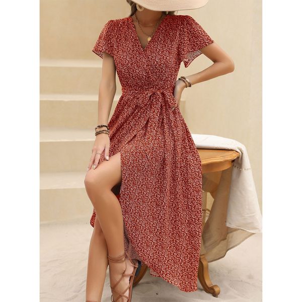 

basic casual dresses vintage long for women summer printing vneck waist tie up ruffle sleeve dress vestidos para mujer 230706, Black;gray