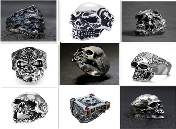 

gothic skull ring vintage silver color punk biker metal jewelry rock skeleton rings size 16mm to 22mm mix style6608064