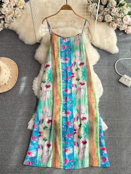 

basic casual dresses floral for women sleeveless party vintage dress beach style midi printing spaghetti strap spring summer 230706, Black;gray