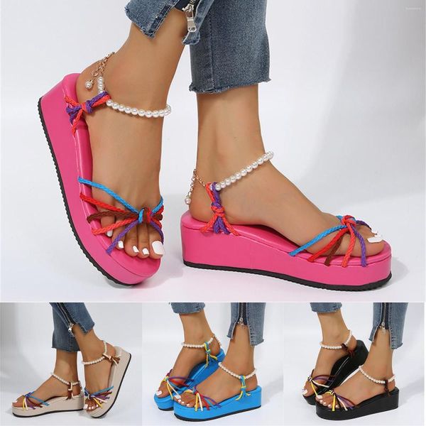 

sandals ladies fashion summer braided strap pearl buckle platform wedge thick bohemian for women, Black