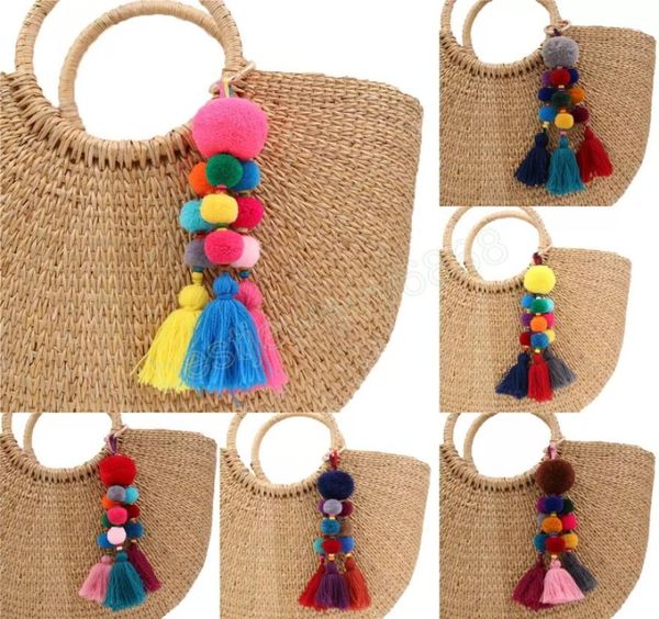 

bohemian style wood beads keychains multicolor pompom keyring bag hanging decoration for women gift6598395, Slivery;golden