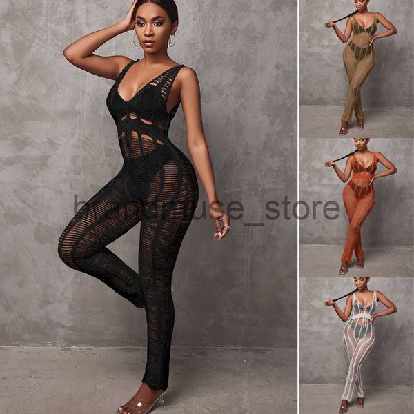 

casual dresses 2022 new crochet hollow out jumpsuit beach cover-ups women swimwear bikini cover up beachwear j230707, Black;gray