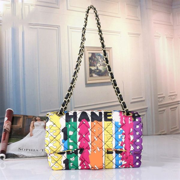 

new designer shoulder bags fashion colorful letters leather luxury purse chain rainbow cross body lattice diamond one shoulder crossbody wom