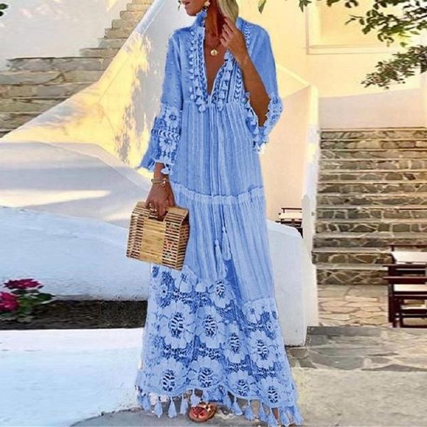 

Casual Dresses Women's Plus Size Bohemian Dress Deep V-neck Maxi Lace Tassel Long Floor Length, Beige