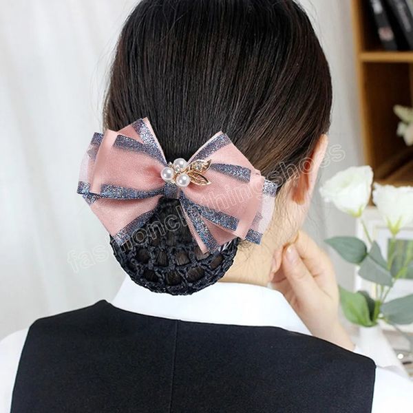 

three pearl gradient net yarn hair clip for women headwear rhinestone crochet bun net snood barrettes mesh bowknot spring clips, Slivery;white