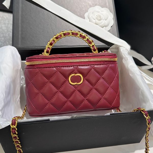 

23p women designer cosmetic case box bag braided metal handle with mirror gold metal hardware matelasse chain crossbody shoulder handbag sac