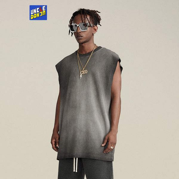 

men' tank distressed gradient sleeveless t-shirt for men streetwear tank gym hombre summer loose vest drop 230706, White;black