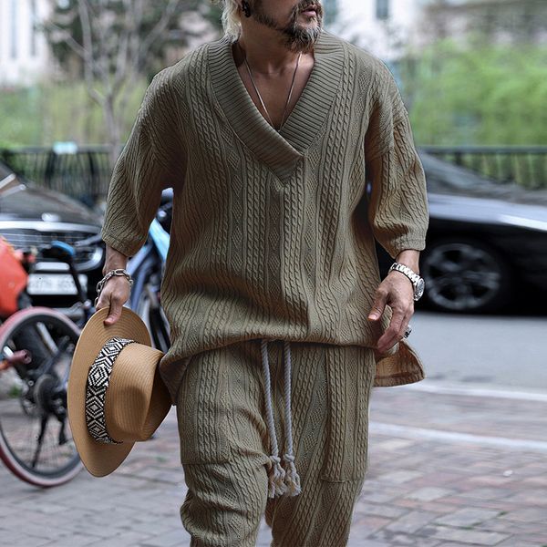 

mens tracksuits vintage knitted two piece set fashion loose solid short sleeve v neck sweater and pants men suits casual knit outfits 23070, Gray