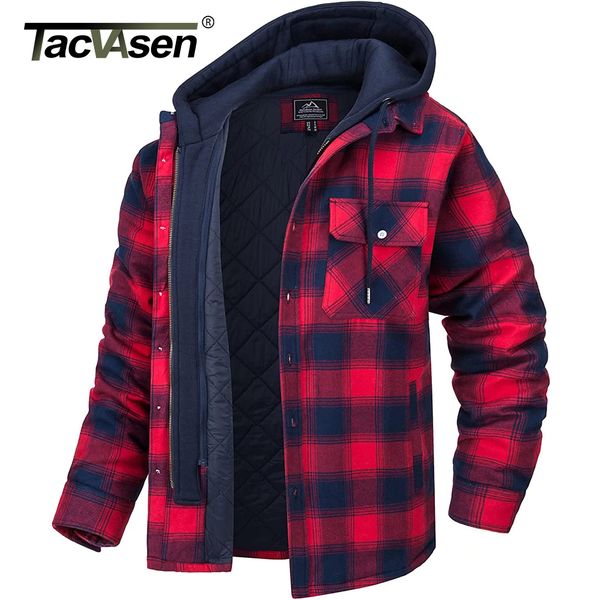 

men's dress shirts tacvasen men's flannel shirt jacket with removable hood plaid quilted lined winter coats thick hoodie outwear, White;black