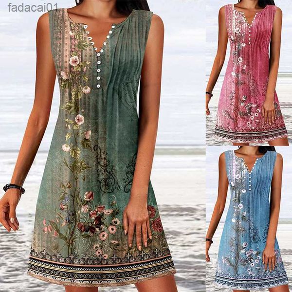 

new digital printing pullover 2023 summer vneck tank aline dress fashion button sleeveless plus size slim fit dress l230621, Black;gray