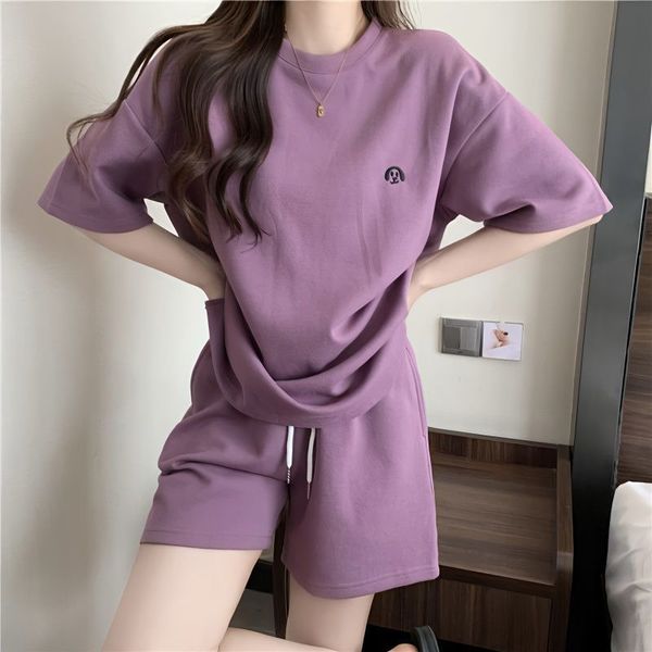 

women's two piece pants women tracksuit summer solid t-shirt shorts matching outfit casual 2 piece sets loose high waist short pants o-, White