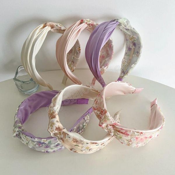 

fashion headband for women wide side flower hairband fresh light color turban girls hair accessories wholesale, Slivery;white