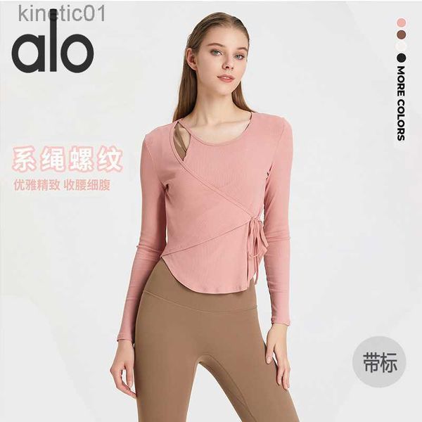 

desginer alo yoga t shirt sports smock for women loose fitting lace up suit for running quick drying clothes for training long sleeved fitne, White