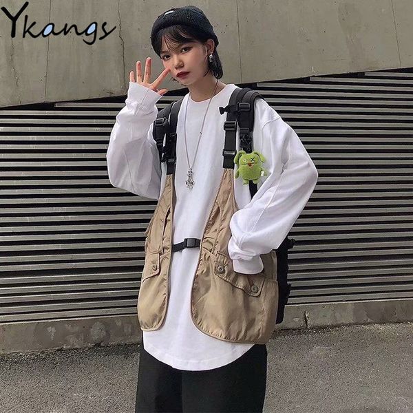 

women's tanks camis loose high street multi-pocket cargo vests women korean ulzzang y2k casual vests jacket gothic harajuku blouses bas, White