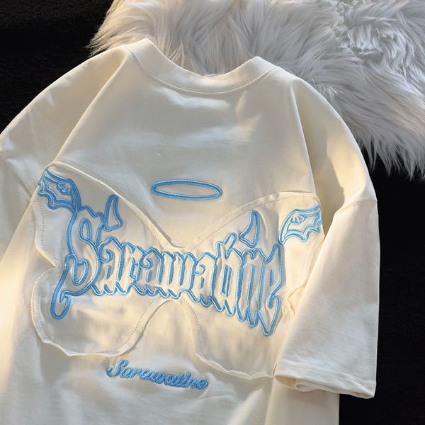 

men's t-shirts american angel butterfly graphic t-shirt men and women retro trend summer couple loose relaxed personality short sleeve, White;black