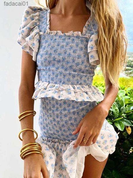 

boho inspired blue floral print dress women smocked women party dress ruffled sleeve summer dress women sweat ladies dress l230621, Black;gray